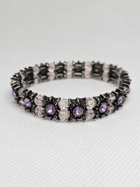 Vintage Purple Crystal Stretch Bracelet Gunmetal Gothic Y2K Lilac Rhinestones